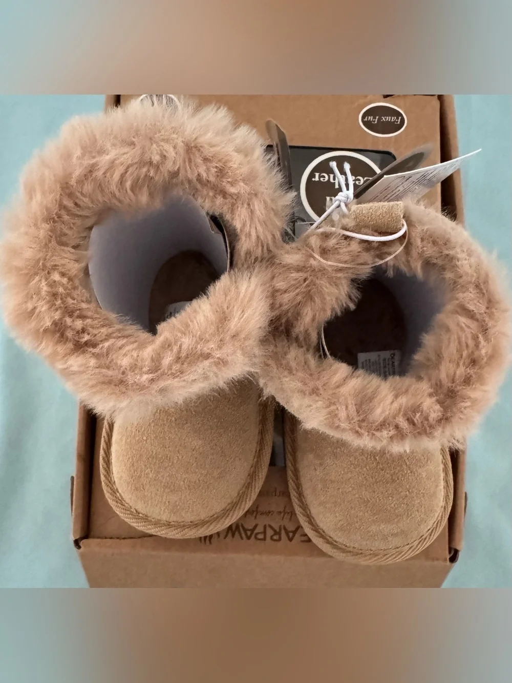 BearPaw Baby Girls Real Leather Tan Faux Fur Boots